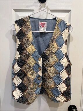 KEREN hart Patchwork Quilted Vest in Blue, Cream, Brown